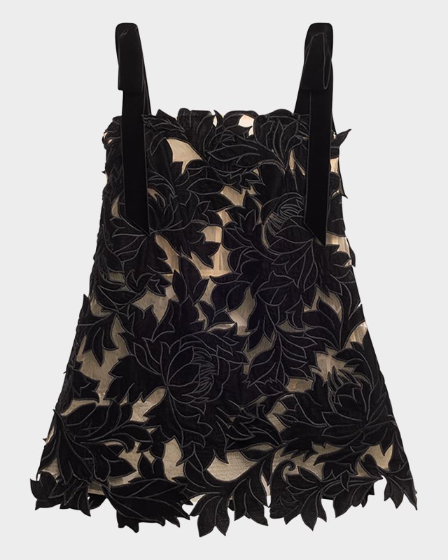 Peony Guipure Embroidered Bow-Strap Mini Dress